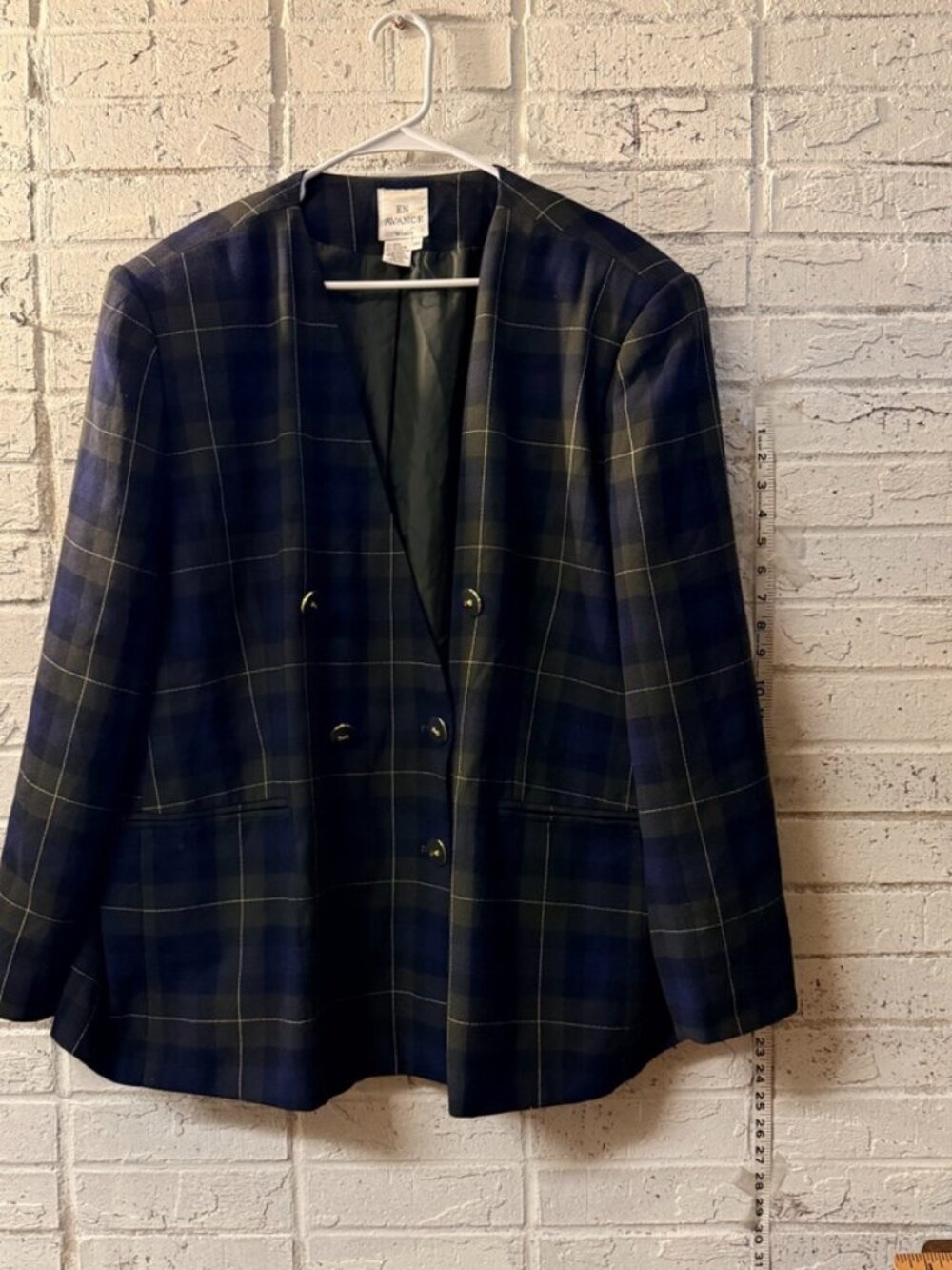 En Avance Womens 24W Plaid Blazer Navy Green Double Breasted Lined Jacket
